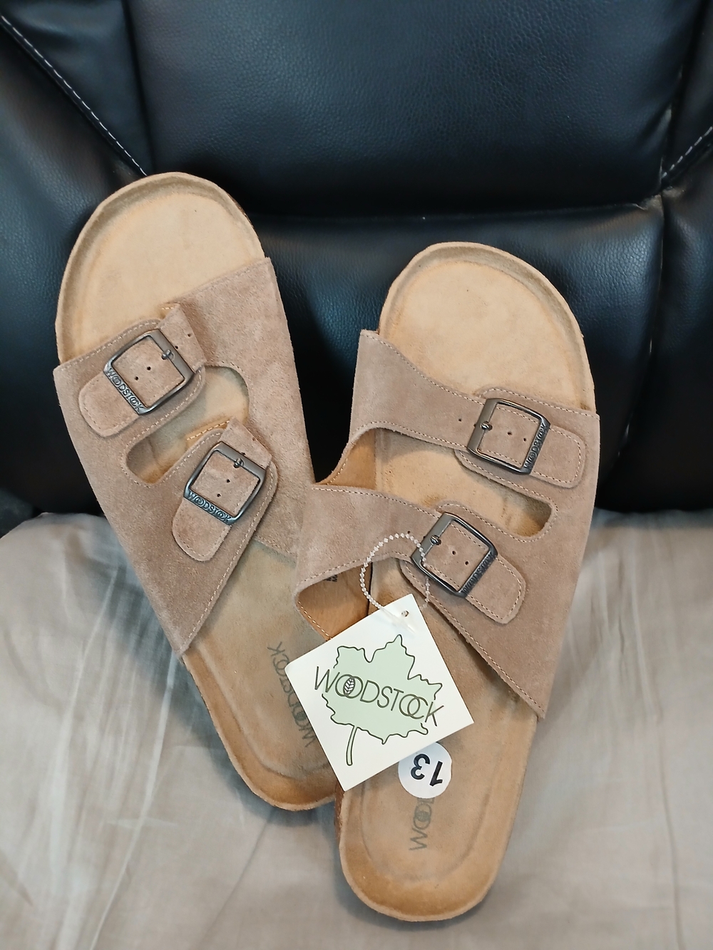 Woodstock Men's Suede Upper Double-Buckle Slide Sandals in Taupe